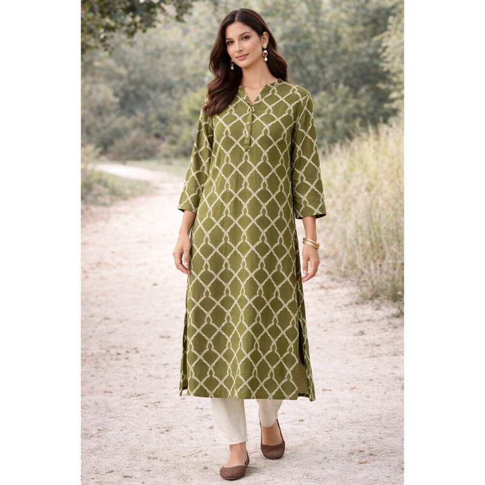 Rangmanch Olive Green Printed Kurta Dress 100% Viscose Size L